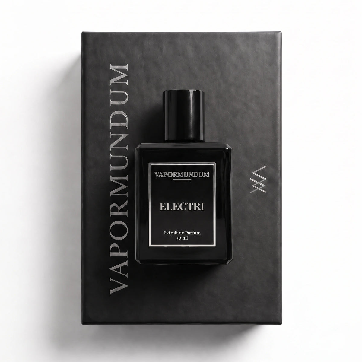 VAPORMUNDUM ELECTRI Extrait de Parfum black perfume bottle placed on matte black presentation box packaging