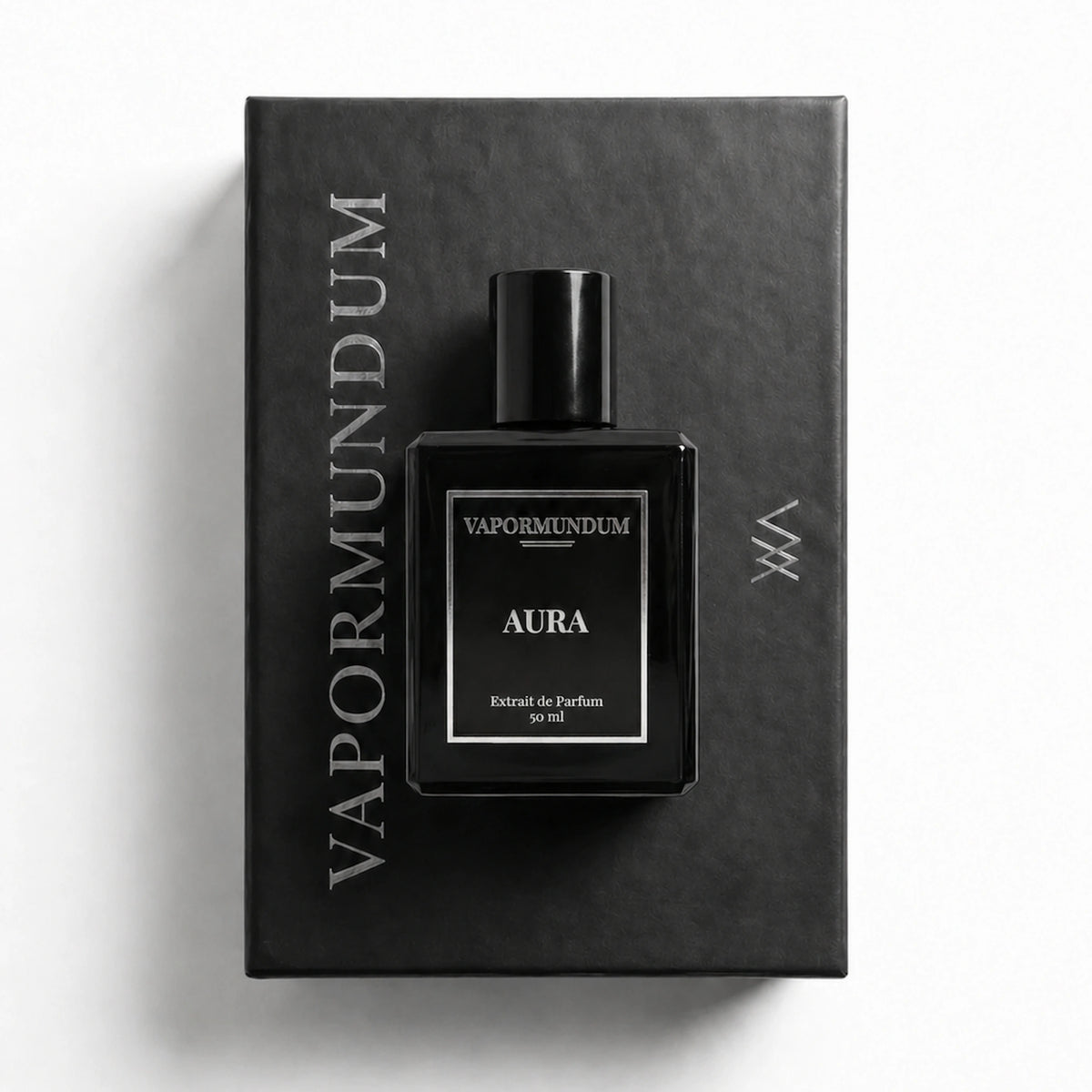 VAPORMUNDUM AURA Extrait de Parfum black perfume bottle placed on matte black presentation box packaging