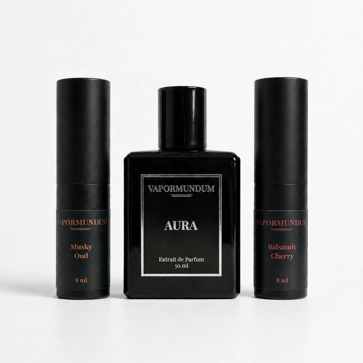 VAPORMUNDUM AURA 50ml Extrait de Parfum bottle with Musky Oud and Balsamic Cherry 8ml accord sprays