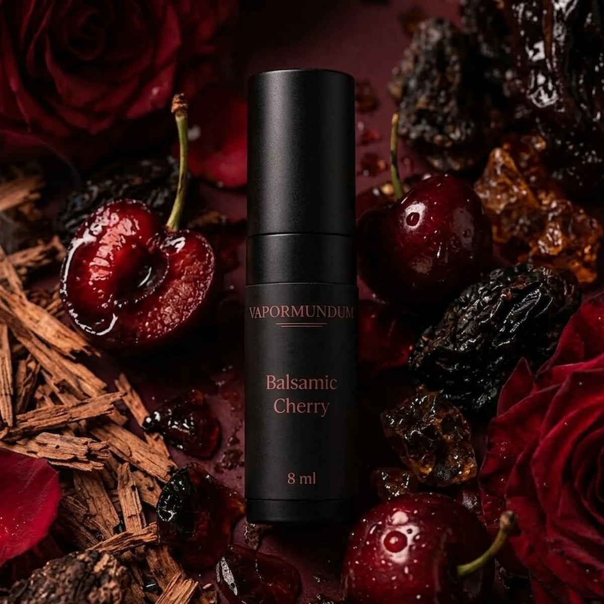 vapormundum Balsamic Cherry 8ml perfume accord travel spray bottle with deep red cherries, velvet rose petals, and aged balsamic woods