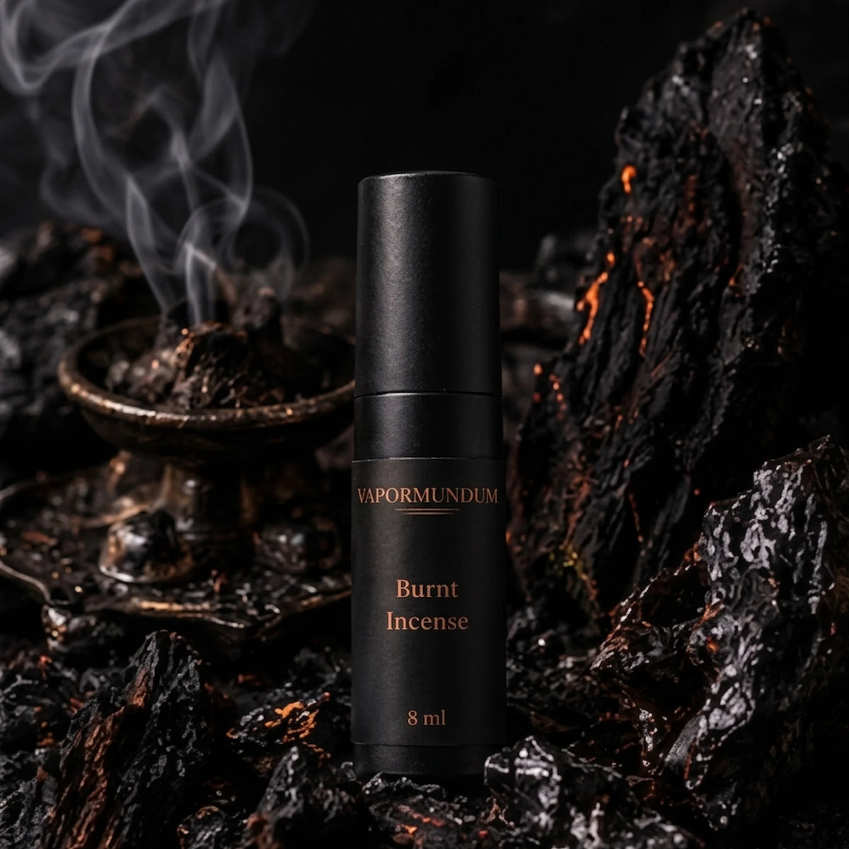 vapormundum Burnt Incense 8ml perfume accord spray bottle amidst charred black coals, glowing embers, and swirling incense smoke
