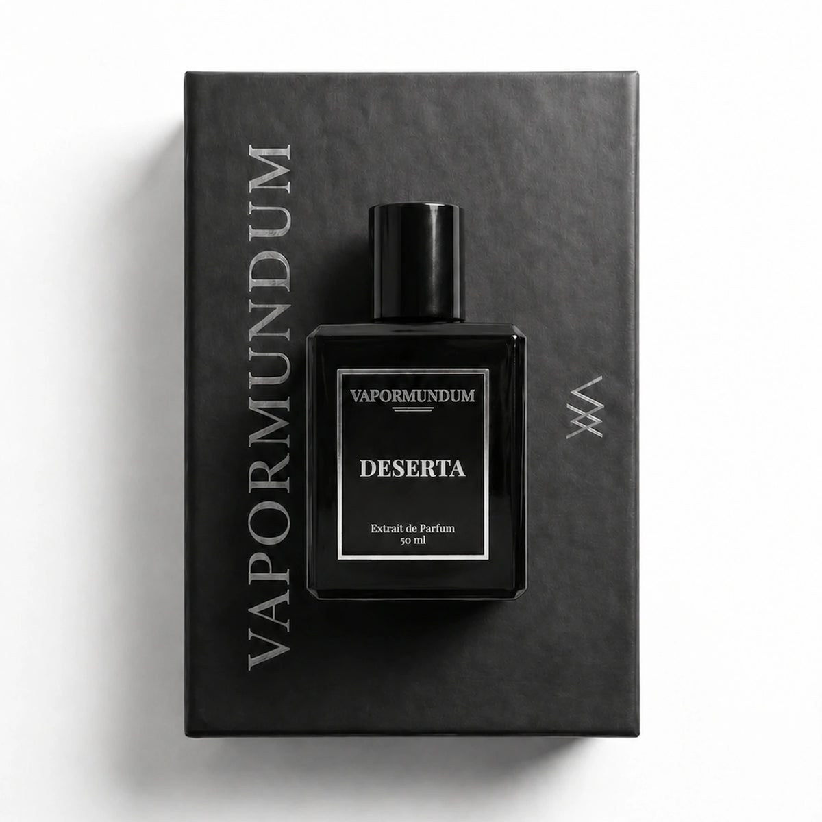 VAPORMUNDUM DESERTA Extrait de Parfum black perfume bottle placed on matte black presentation box packaging