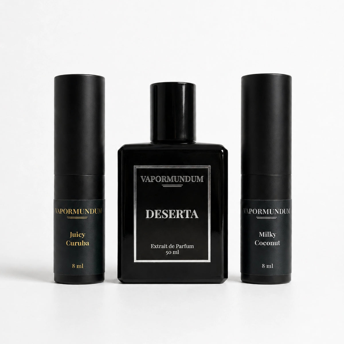 VAPORMUNDUM DESERTA 50ml Extrait de Parfum bottle with Juicy Curuba and Milky Coconut 8ml accord sprays