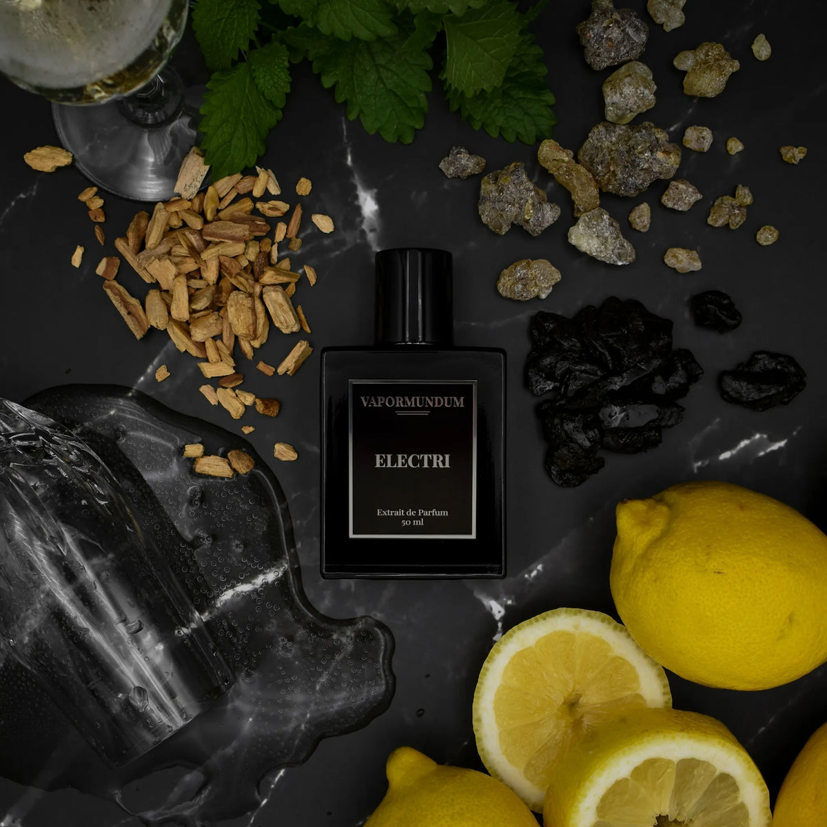 VAPORMUNDUM ELECTRI Extrait de Parfum luxury black bottle surrounded by effervescent champagne, fresh lemons, incense resin, and patchouli