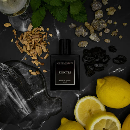 VAPORMUNDUM ELECTRI Extrait de Parfum luxury black bottle surrounded by effervescent champagne, fresh lemons, incense resin, and patchouli