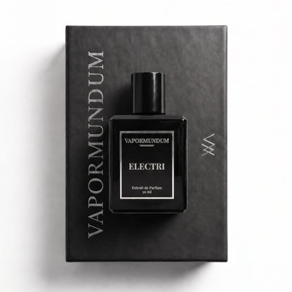 VAPORMUNDUM ELECTRI Extrait de Parfum black perfume bottle placed on matte black presentation box packaging