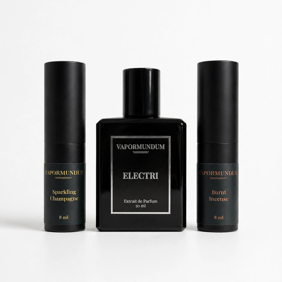 VAPORMUNDUM ELECTRI 50ml Extrait de Parfum bottle with Sparkling Champagne and Burnt Incense 8ml accord sprays