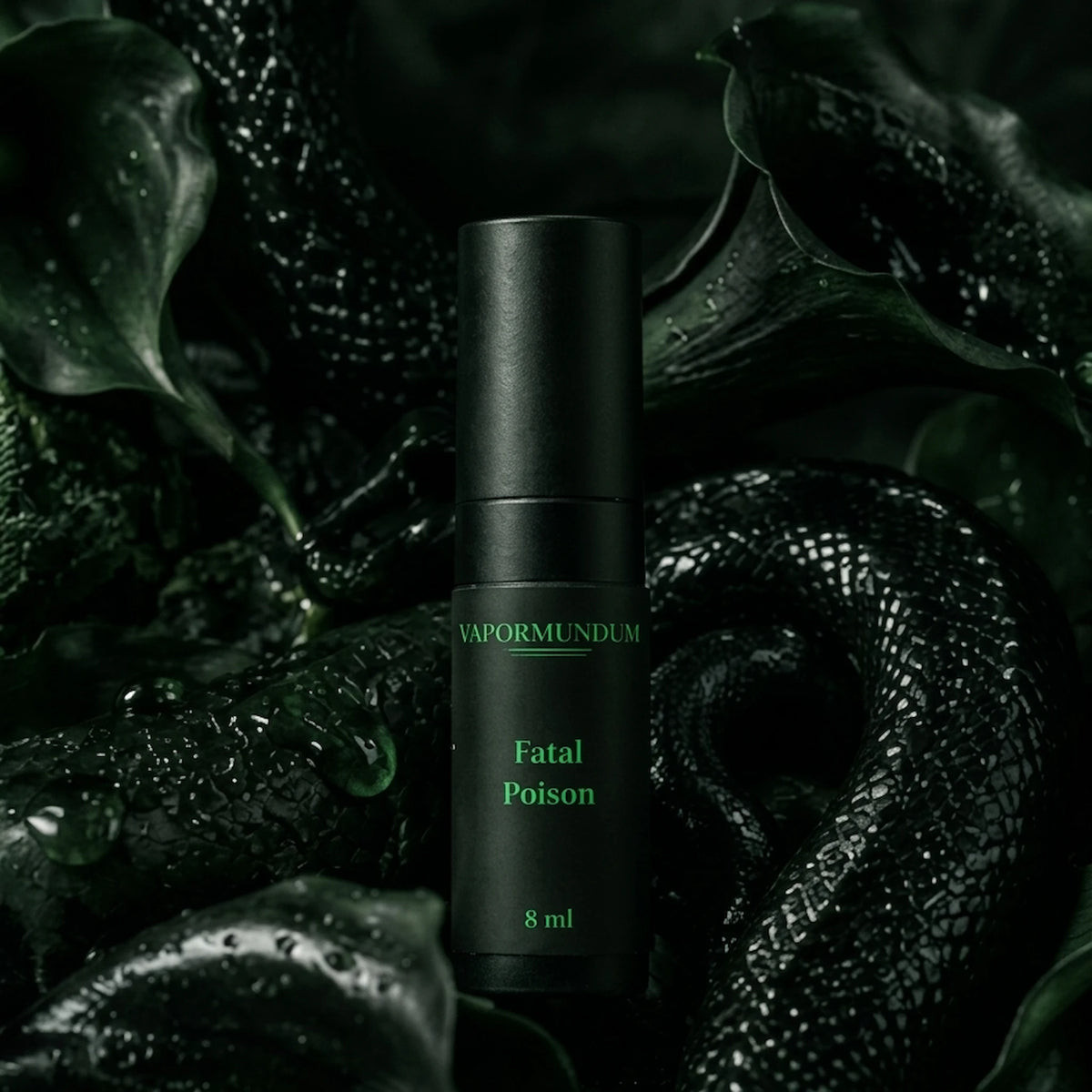 vapormundum Fatal Poison 8ml fragrance accord in matte black travel spray bottle surrounded by coiled snake scales and dark calla leaves