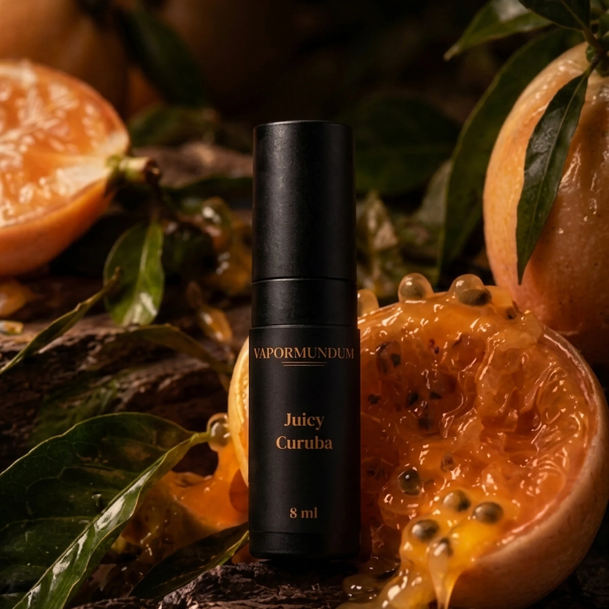 vapormundum Juicy Curuba 8ml fragrance accord atomizer presented with ripe passionfruit, botanical leaves, and rustic wood bark