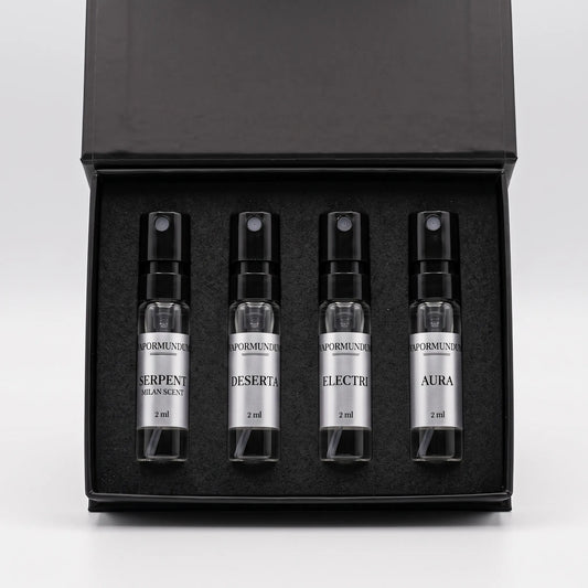 VAPORMUNDUM Discovery Sample Set open presentation box with four 2ml glass perfume spray vials and silver labels