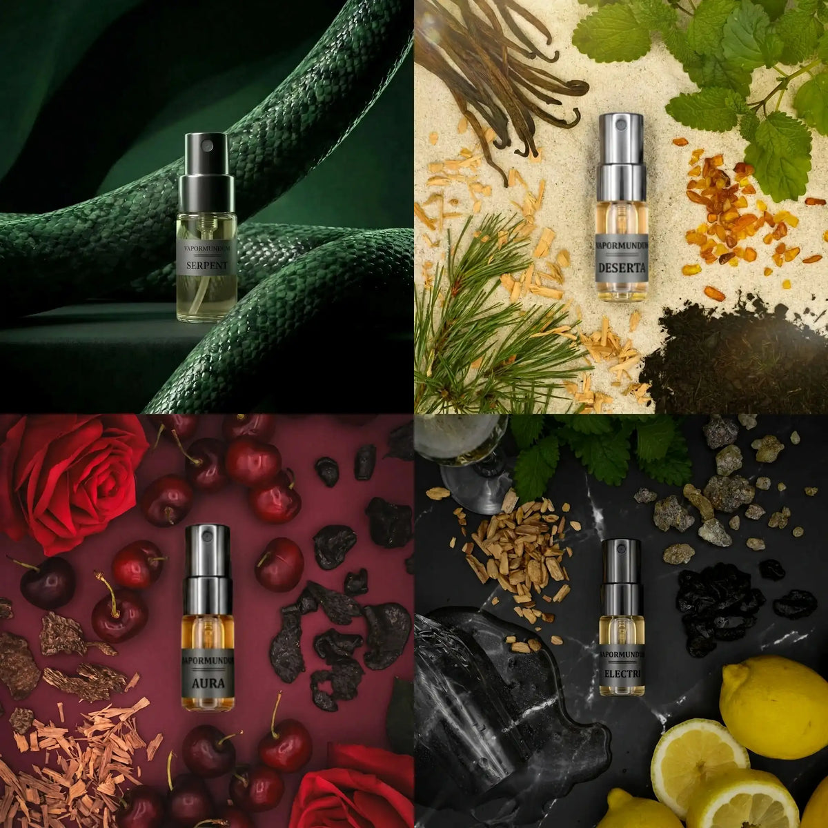 vapormundum Signature Discovery Samples: Four 2ml Extrait de Parfum miniature glass spray vials of Serpent, Deserta, Aura, and Electri arranged in a luxury editorial 2x2 grid flat lay with botanical fragrance ingredients.