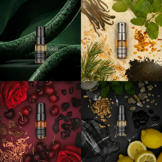 vapormundum Signature Discovery Samples: Four 2ml Extrait de Parfum miniature glass spray vials of Serpent, Deserta, Aura, and Electri arranged in a luxury editorial 2x2 grid flat lay with botanical fragrance ingredients.