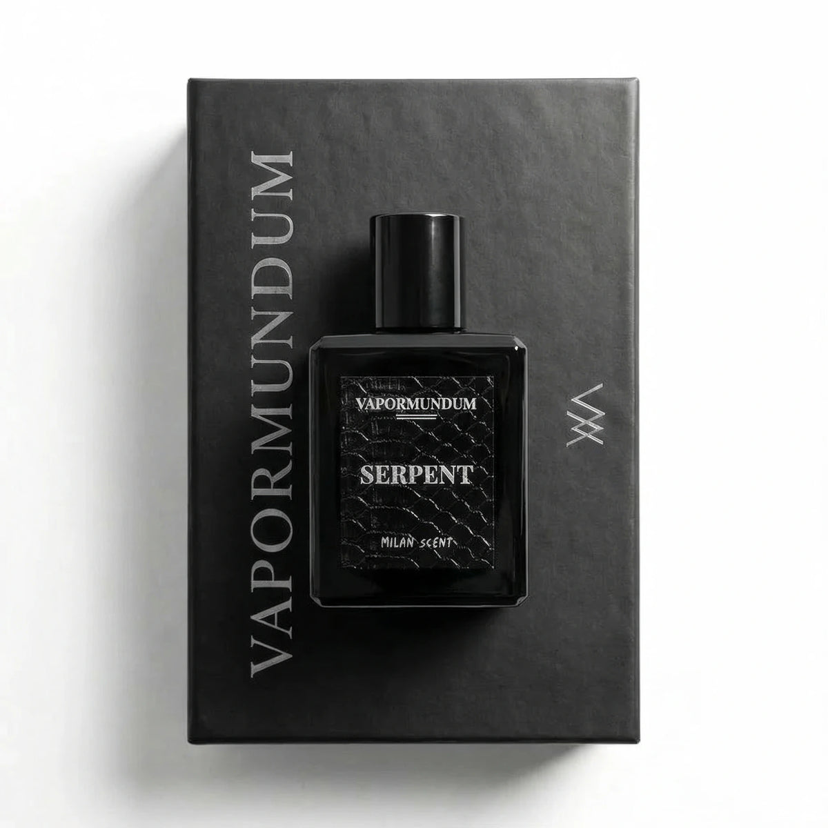VAPORMUNDUM SERPENT Extrait de Parfum black bottle placed on matte black presentation box packaging