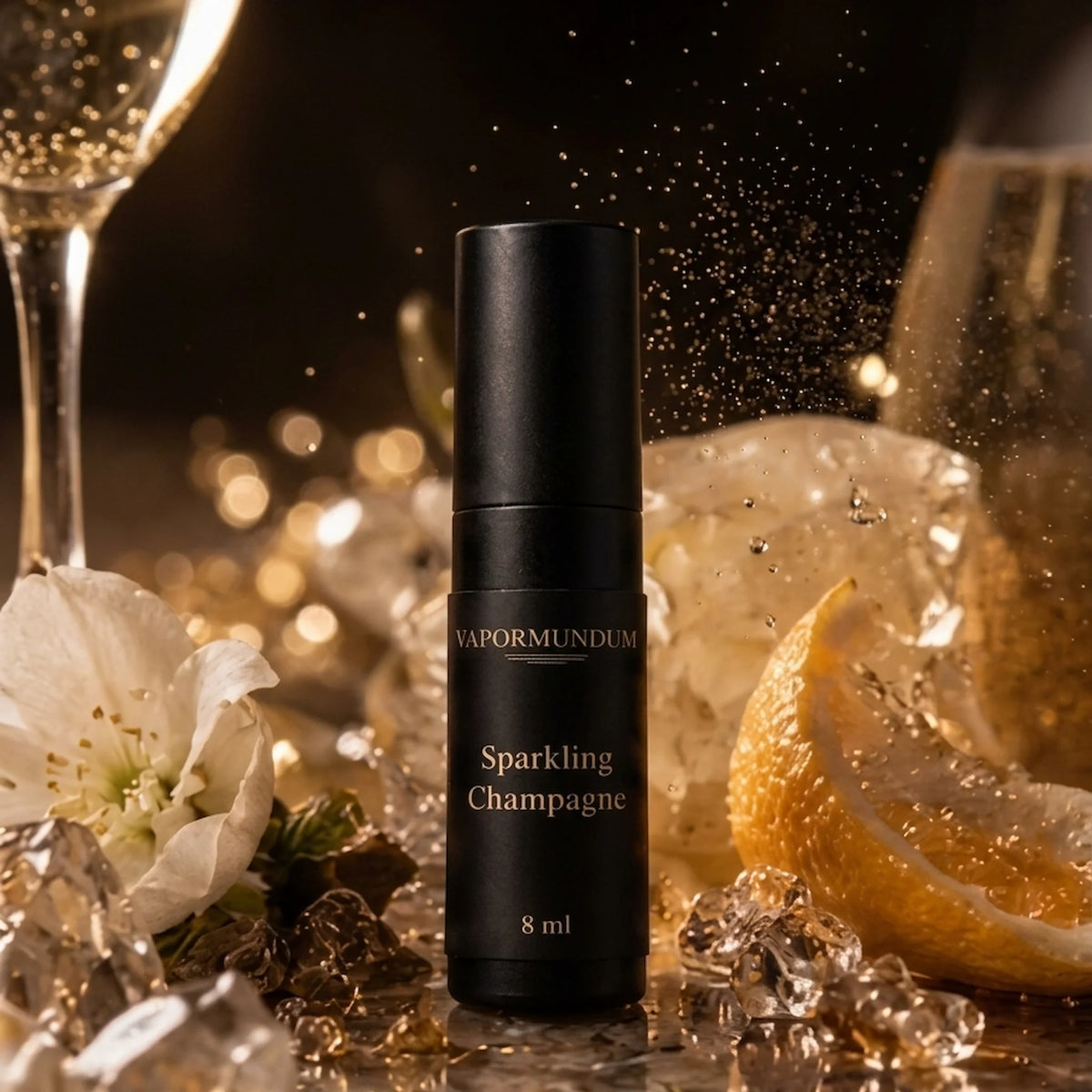 vapormundum Sparkling Champagne 8ml fragrance accord bottle resting on dark marble alongside a champagne glass, lemon slice, and crystalline ice